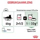 Voedingsrichtlijnen voor een kat van 4 kg: 2,5 blikken of 1 blik plus 33 g droogvoer. Inclusief watericoon. Royal Canin "Digestive Care."