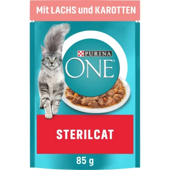 Emballage de nourriture pour chats avec un chat tigré gris, avec le texte "Mit LACHS und KAROTTEN" en haut, "STERILCAT" en rouge, et "85 g" en bas.