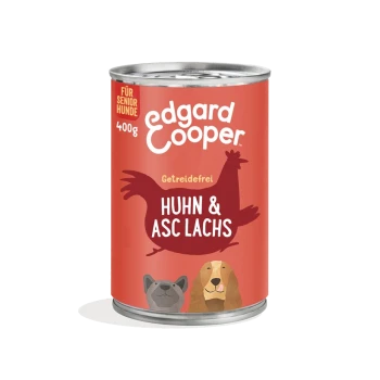 Dose Edgard Cooper Senior-Hundefutter, 400g, mit einem roten Etikett, das Huhn, Lachs und zwei Hunde zeigt. Text: "Getreidefrei Huhn & ASC Lachs."