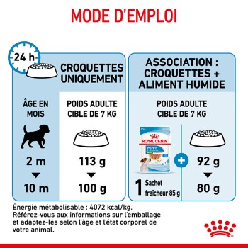 Instructions pour nourrir les chiots, détaillant les quantités de nourriture sèche et humide pour un poids cible de 7 kg, avec des informations nutritionnelles.