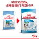 Vergleich von Royal Canin Welpenfutter: 'Puppy Mini' links, 'Puppy 2-10 Monate' rechts, zeigt neues Design und verbesserte Rezeptur.