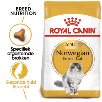 Royal Canin Adult Norwegian Forest Cat droogvoerzak met een grijs-witte kat, die de voeding specifiek voor het ras benadrukt voor een gezonde huid en vacht.