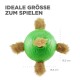 Grünes Haustier-Spielzeug mit vier flauschigen Anhängern, 16,5 cm groß, beschriftet mit "Ideale Größe zum Spielen" und "Hund."