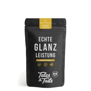 Schwarze Tüte Tales & Tails Echte Glanz Leistung Bierhefe-Pulver für Hunde und Katzen mit gelbem Etikett.