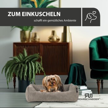 Ein kleiner, glücklicher Hund ruht sich in einem gemütlichen Bett aus, umgeben von stilvollem Dekor und Pflanzen. Text: "ZUM EINKUSCHELN schafft ein gemütliches Ambiente."