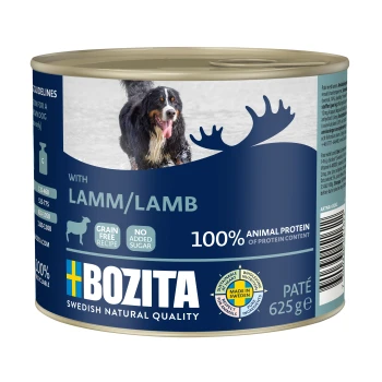 pasztet 6 x 625 g Jagnięciną Puszka karmy dla psów Bozita z jagnięciną, z wesołym psem na etykiecie, z napisem "100% białka zwierzęcego," "bez zbóż," i "bez dodatku cukru."