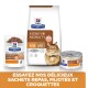 Emballage de nourriture pour chats Hill's Prescription Diet Kidney + Mobility avec un sac sec, une boîte humide, une image de chat et un texte promotionnel en français.