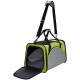 Eine grüne und graue Haustiertrage mit einem Netzfront und einem Reißverschluss, ausgestattet mit einem abnehmbaren Schultergurt und Tragegriffen.