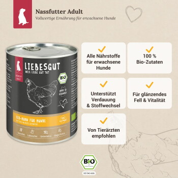 Liebesgut-Dose Bio-Feuchtfutter (Bio-Huhn) mit deutschen Beschriftungen: Nassfutter Adult, 100% Bio-Zutaten, vom Tierarzt empfohlen.