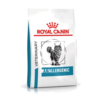 Royal Canin Veterinärdiät-Tüte mit der Aufschrift 'ANALLERGENIC', mit einem Foto einer Katze, entworfen für Haustiere mit Allergien.