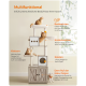Ein mehrstöckiger Katzenbaum mit zwei Katzen, die spielen und klettern, zeigt Vorteile: "Beobachten", "Kratzen", "Klettern", "Spielen", "Natur folgen."