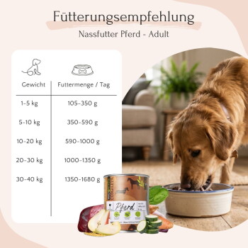 Dose Haustierfutter mit der Aufschrift "FAVY PET FOOD COMPLETE", die Pferdefleisch, Zucchini, Süßkartoffel und Birne enthält, mit aufgeführten Nährwerten.