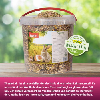 Eimer mit Kleintierfutter und rotem Griff, Etikett 'PANTO', Bild von Kaninchen und Meerschweinchen, grünes Abzeichen 'WISAN-LEIN NAGER-FIT'