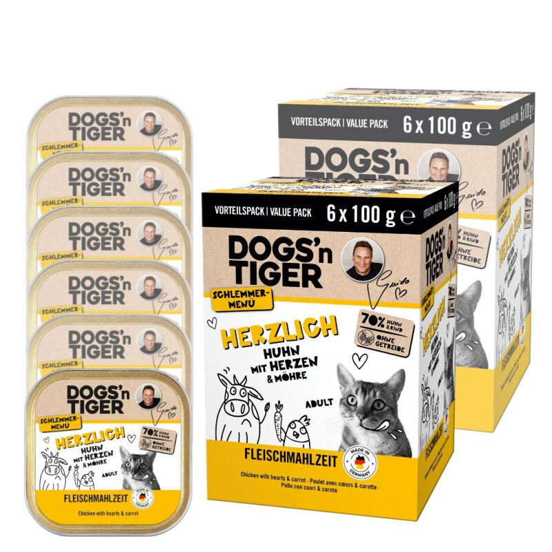 Dogs'n Tiger Adult Nassfutter Katze, Herzlich, Huhn, Rinderherzen & Karotte 12x100 g