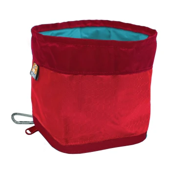 Zusammenklappbarer Futter- und Wassernapf für Hunde Rote zusammenklappbare Futter- oder Wasserschüssel für Haustiere mit einem sechseckigen Muster, mit einem blauen Innenraum und einem Karabinerhaken.
