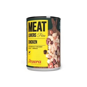 Nassfutter Hund, Adult, Meat Lovers, Huhn pur 6x400 g Dosenfutter für Haustiere mit der Aufschrift "Meat Lovers Pure Chicken" von Josera, mit Stückchen von Hühnerfleisch, mit dem Hinweis, dass es getreidefrei und monoprotein ist.