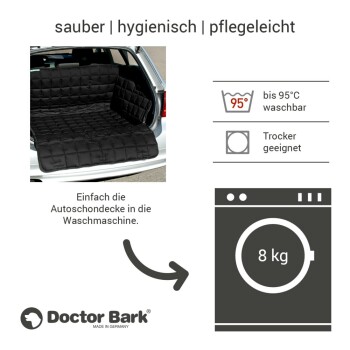 Schwarze Autositzabdeckung für Haustiere in einem Fahrzeug, beschriftet mit "sauber | hygienisch | pflegeleicht," maschinenwaschbar bis 95°C, trocknergeeignet, von Doctor Bark.