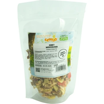 Obst-Mischung 100g Eine transparente Tüte mit gemischtem Trockenfrüchten für Haustiere, beschriftet mit "Obst Mischung", die Apfel, Banane, Birne und Erdbeere enthält.