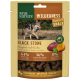 Tierfutterverpackung für 'Real Nature Wilderness Crunchy Snack' mit Wolf und Känguru, das den Geschmack 'Black Stone' mit 64% Känguru hervorhebt.