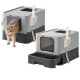 Graue und schwarze Katzenstreu-Box mit Schaufel, zeigt eine Katze beim Betreten und die Box mit offenem Schubladenfach.