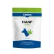 Canina Hanf Sticks für Hunde Verpackung, mit einer Silhouette eines Hundes und einem Hanfblatt, mit Text, der gesundheitliche Vorteile bewirbt.
