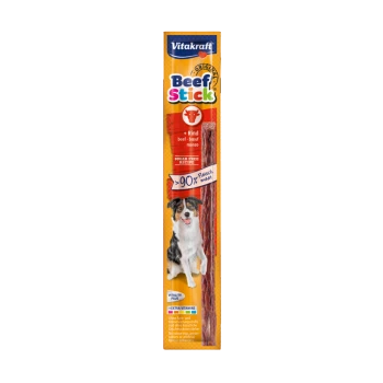 Verpackung für Vitakraft Beef Stick Hundesnacks mit einem lächelnden Hund, mit Text, der "90% Fleisch," "zuckerfreies Rezept" und "Vitalität plus" hervorhebt.