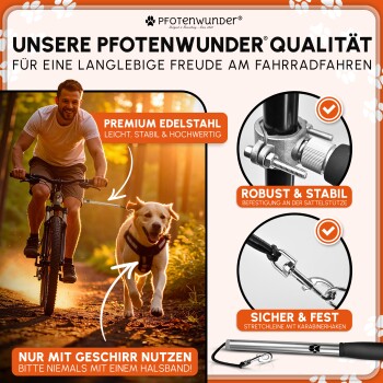 Mann fährt Fahrrad mit Hund an der Leine, die am Sattelstützenrohr befestigt ist, zeigt robuste Metallklemme und sicheren Karabinerhaken, Pfotenwunder-Qualität.