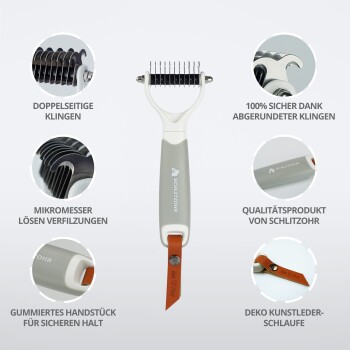 Ein Pflegewerkzeug mit doppelseitigen Klingen, das einen komfortablen Griff und abgerundete Kanten für Sicherheit bietet, beschriftet mit "Schlitzzohr."