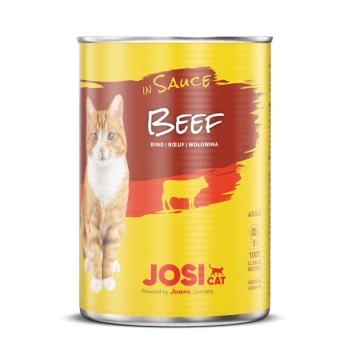 Dosenkatzenfutter mit der Aufschrift "Rind in Sauce" und einem Bild einer roten Katze, mit dem Markennamen "JOSI CAT" und "Hergestellt in Deutschland."