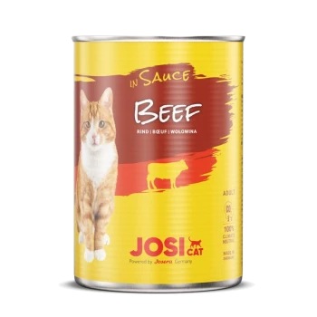 Dosenkatzenfutter mit der Aufschrift "Rind in Sauce" und einem Bild einer roten Katze, mit dem Markennamen "JOSI CAT" und "Hergestellt in Deutschland."