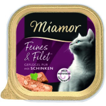 Miamor-Katzenfutter-Schale mit der Aufschrift ‚Feines & Filet Geflügel pur mit Schinken‘, weißes Katzenprofil und Fleischstücke auf einem lila Etikett.