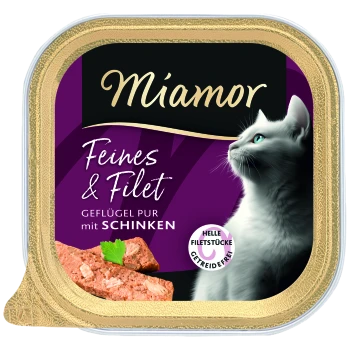 Miamor-Katzenfutter-Schale mit der Aufschrift ‚Feines & Filet Geflügel pur mit Schinken‘, weißes Katzenprofil und Fleischstücke auf einem lila Etikett.