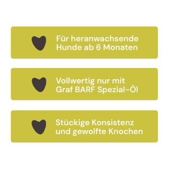 Drei grüne Infobalken mit Herzsymbolen: Für Hunde ab 6 Monaten; Komplett mit Graf BARF-Öl; Stückige Textur, gemahlene Knochen