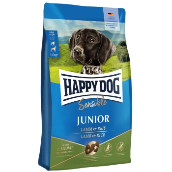 Happy Dog Sensible Junior Hundefutterbeutel mit einem schwarz-weißen Hund auf grün, beschriftet "Lamm & Reis" für Hunde von 7-18 Monaten.