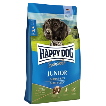 Happy Dog Sensible Junior Hundefutterbeutel mit einem schwarz-weißen Hund auf grün, beschriftet "Lamm & Reis" für Hunde von 7-18 Monaten.