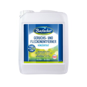 Weißer 5-L-Kanister Bactador mit der Aufschrift 'Geruchs- und Fleckenentferner Konzentrat', 'ergibt bis zu 250 Liter'.