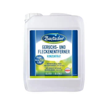 Weißer 5-L-Kanister Bactador mit der Aufschrift 'Geruchs- und Fleckenentferner Konzentrat', 'ergibt bis zu 250 Liter'.