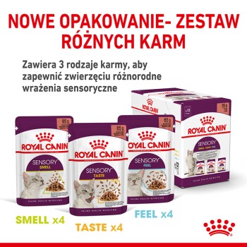 Zestaw karmy dla kotów Royal Canin Sensory z trzema rodzajami: Zapach, Smak i Dotyk, z detalami opakowania i zdjęciem kota.