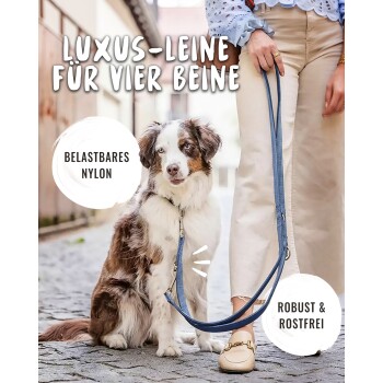 Person hält blaue Luxus‑Hundeleine neben sitzendem Hund; sichtbarer Text: „LUXUS‑LEINE FÜR VIER BEINE“, „BELASTBARES NYLON“, „ROBUST & ROSTFREI“.