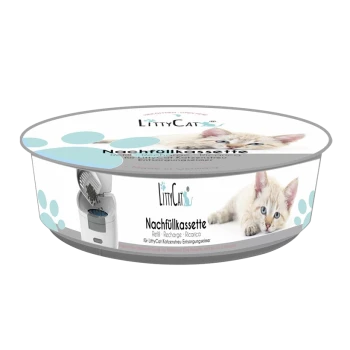 LittyCat Nachfüllkassette Verpackung mit einem verspielten Kätzchen, mit dem Text "Nachfüllkassette" und "Hergestellt in Deutschland."