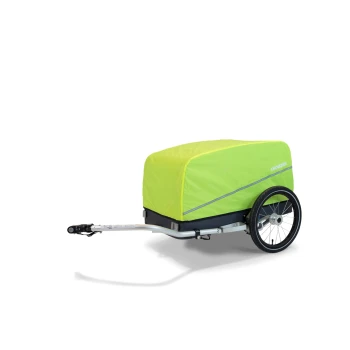 Ein leuchtend grüner Haustieranhänger mit einem abgedeckten Oberteil und einem einzelnen Rad, entworfen für den Transport von Haustieren, mit dem Markennamen 'CROOZER'.