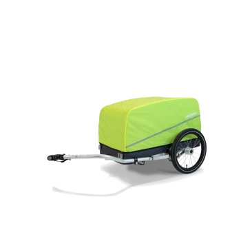 Ein leuchtend grüner Haustieranhänger mit einem abgedeckten Oberteil und einem einzelnen Rad, entworfen für den Transport von Haustieren, mit dem Markennamen 'CROOZER'.
