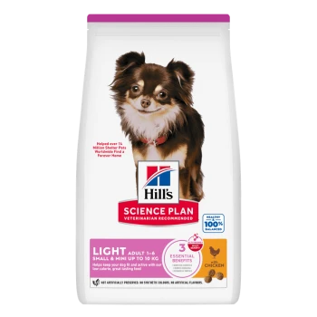 Bag of Hill's Science Plan Light dog food (Small & Mini up to 10 kg) with smiling long-haired Chihuahua, "with chicken" label