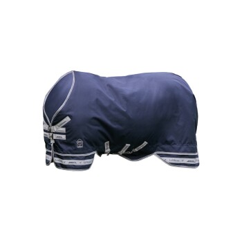 Eine marineblaue Pferde-Decke mit weißem Rand und mehreren Riemen, mit dem LeMieux-Logo und Branding-Details.