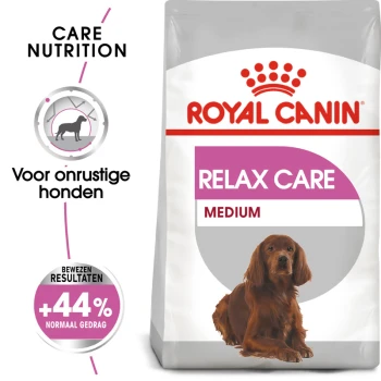 Royal Canin Relax Care hondenvoer zak voor middelgrote honden, met een kalmerende formule en een claim van +44% normaal gedrag.