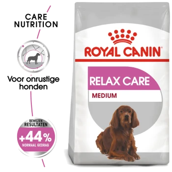 Royal Canin Relax Care hondenvoer zak voor middelgrote honden, met een kalmerende formule en een claim van +44% normaal gedrag.