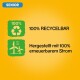 Fond jaune avec "SENIOR" en haut et des icônes vertes pour "100% RECYCELBAR" et "100% d'énergie renouvelable utilisée."
