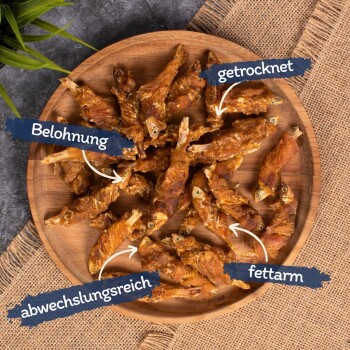 Getrocknete Fischleckerlis auf einem Holzbrett, beschriftet: "Belohnung," "getrocknet," "abwechslungsreich," und "fettarm."
