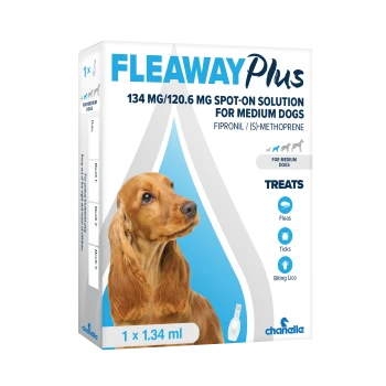 FLEAWAY Plus box for medium dogs, 134/120.6 mg spot-on; brown dog photo; treats fleas, ticks, biting lice; 1 x 1.34 ml
