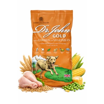 Hundefutterbeutel mit der Marke "Dr. John Gold", reich an Huhn und Gemüse, 20% Protein, 9% Fett, mit einer Illustration eines laufenden Hundes.